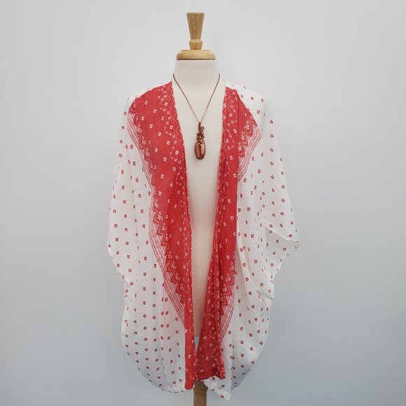 Zac & Rachel Woman 3X White Red Floral Print Open Front Boho Kimono Cardigan - Picture 2 of 15